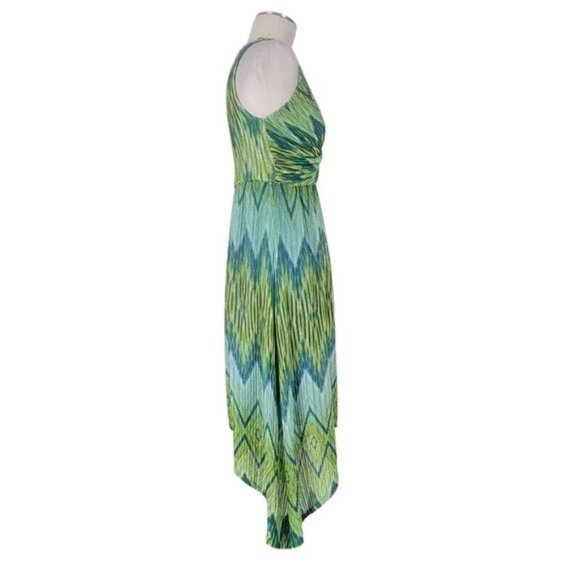 Chicos Dress Size 1 M 8 Green Blue Chevron Handkerchief Hem Sleeveless Knotted - Picture 2 of 9